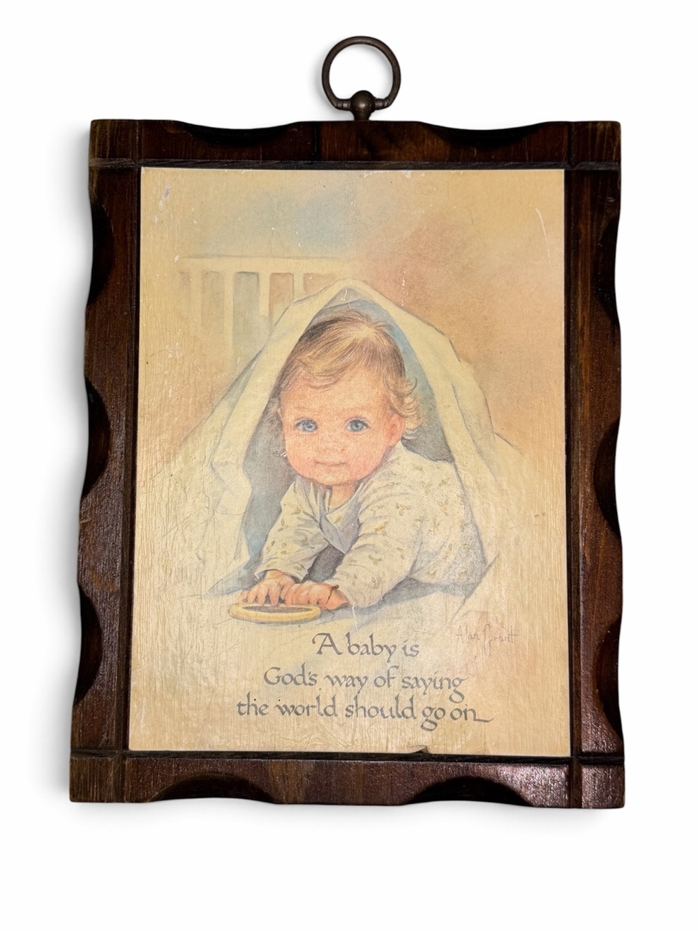 Vintage Framed Baby Wall Art Plaque in Cream and Brown